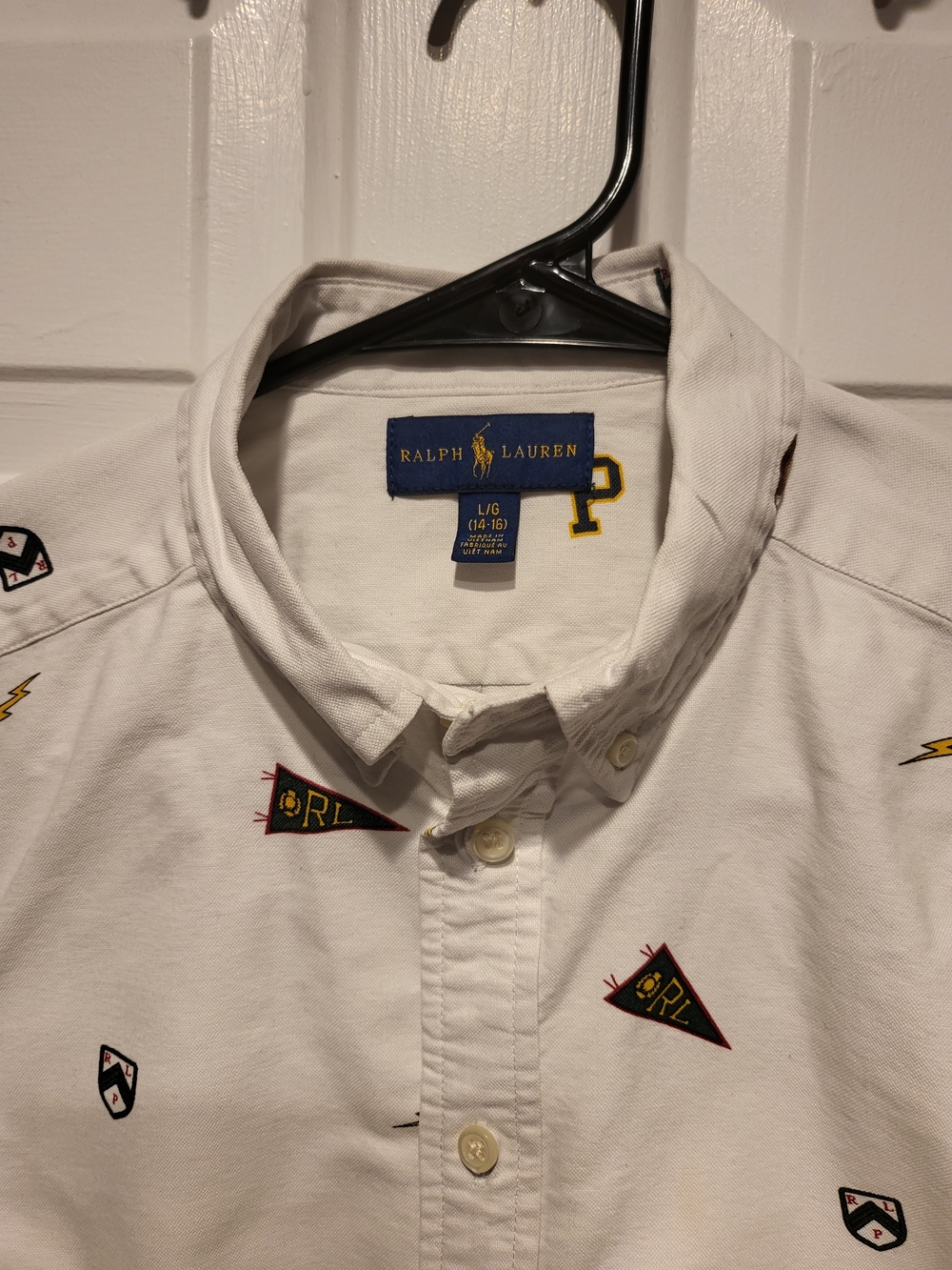 Ralph Lauren White Button-Down Shirt with Embroidered Pennants